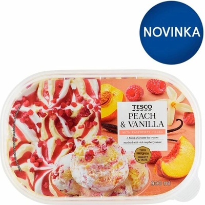 Tesco Mrazený krém broskyňový a mrazený krém s extraktom bourbon vanilky s kúskami malín 900 ml