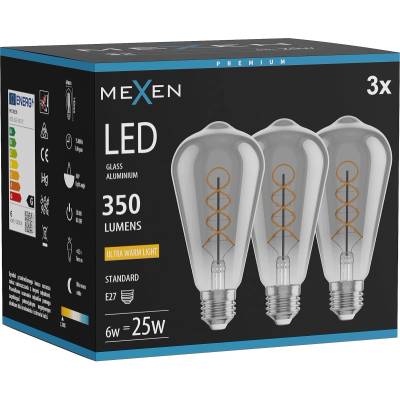 Mexen Vintis 3x спирална LED крушка с филамент E27, ST64, 6W, Топла - 2200K, 350 lm, опушено (L162-E27-0622-70x03)