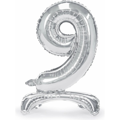 PartyDeco Stojaci fóliový balón číslo 9 70cm strieborný