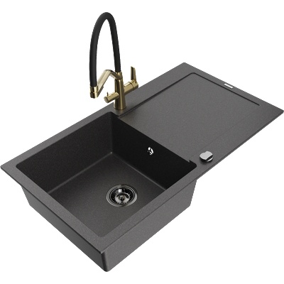 Mexen Leo гранитна кухненска мивка с една камера, отцедник и кухненски смесител Duo, черна на пръски - 6501-76-671701-57-B (6501-76-671701-57-B)