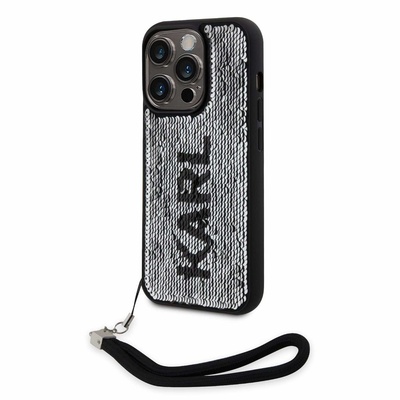 KARL LAGERFELD Sequins Reversible Case - дизайнерски силиконов кейс с връзка за носене за iPhone 14 Pro Max (черен)