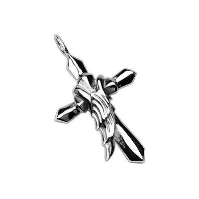 Šperky eshop Přívěsek z chirurgické oceli kříž s křídlem anděla G1.11