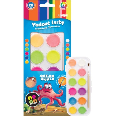 Junior vodové farby 12 farieb 28 mm so štetcom neónové