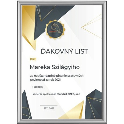 ETROFEJE diplom certifikát v striebornom ráme A4