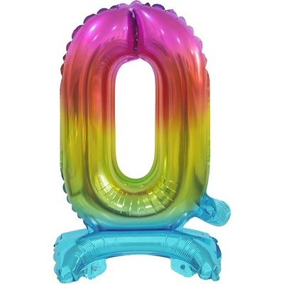 Balónek fóliový číslo volně stojící "0" duhový 38 cm metalický