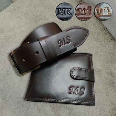 S vlastním monogramem. Pánský kožený set peněženka a pásek s monogramem Pravá kůže dárek