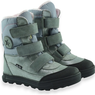 Ren But kožené brokátové teplé kozačky pro dívky na suchý zip šedé