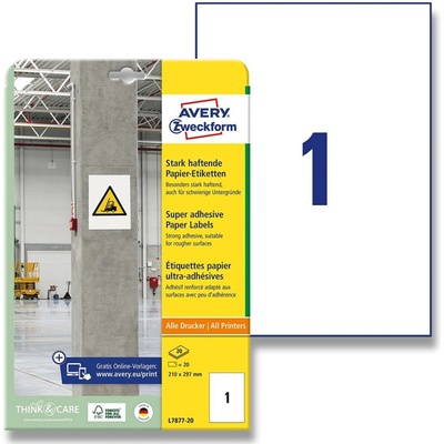 Avery Zweckform L7877-20 etikety s vysokou lepivostí 210 x 297 mm 20 etiket bílé