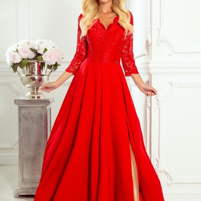 elegantné krajkové dlhé šaty s výstrihom Elisa 309-3 červené