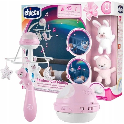 Chicco Kolotoč nad postýlku Rainbow 3v1 růžový First Dreams s dálkovým ovládáním