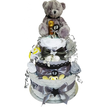 BabyDort šedý neutrální třípatrový plenkový dort pro miminko PREMIUM