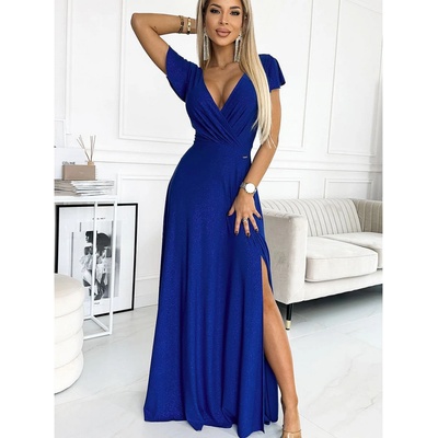 Numoco Modré třpytivé maxi šaty s výstřihem crystal 411-9 blue