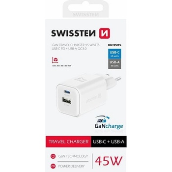 SWISSTEN síťový adaptér GaN 1x USB-C 45W PD + 1x USB-A 18W QC bílý (22071300)