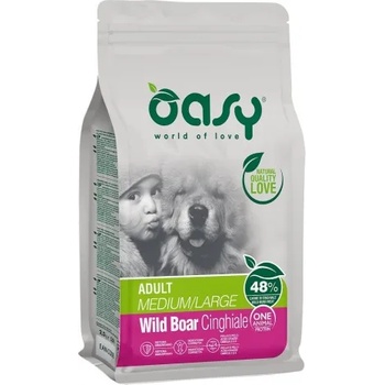 Oasy ADULT MEDIUM - LARGE WILD BOAR Monoprotein пълноценна храна за пораснали кучета над 1 година, от средни и едри породи, с глитанско месо, БЕЗ ЗЪРНО, 12 кг - Италия