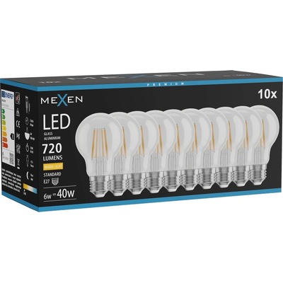 Mexen Vintis 10x LED нажежаема жичка E27, A60, 6W, Топло - 2700K, 720 lm, прозрачно (L150-E27-0627-00x10)