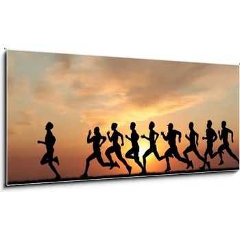 Skleněný obraz 1D - 120 x 50 cm - Marathon, black silhouettes of runners on the sunset Maraton, černé siluety běžců na západ slunce