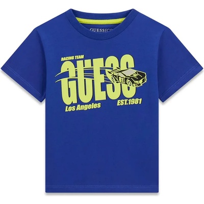 GUESS Синя тениска за мини момче с жълто-зелен надпис и кола Guess