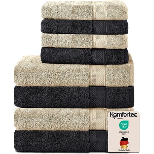 Komfortec set of 8 towels, 4 bath towels 70x140 cm & 4 hand towels 50x100 cm, 100% cotton terry cloth, fluffy and absorbent, black/beige - 4er-50x100-und-4er-70x140-schwarz-beige (4er-50x100-und-4er-70x140-schw