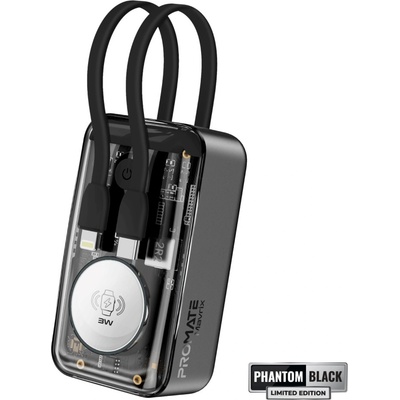 Promate Външна батерия ProMate, Mavrix. Black 10000mAh Transparent Power bank w/ built-in USB-C and Lightning Cable, USB-C 33W PD, 3W Apple Watch Charger, LED Display - Черна