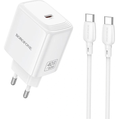 BOROFONE Зарядно устройство Borofone Fuente (BN33) - с включен Type-C кабел, USB-C порт, PD 40W, EU щепсел, GaN технология - Бял