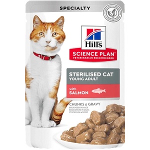 Hill's Мокра храна за кастрирани котки на възраст от 6 месеца до 6 години Hill's Science Plan Feline Young Adult Sterilised, пауч със сьомга в сос, 85 г