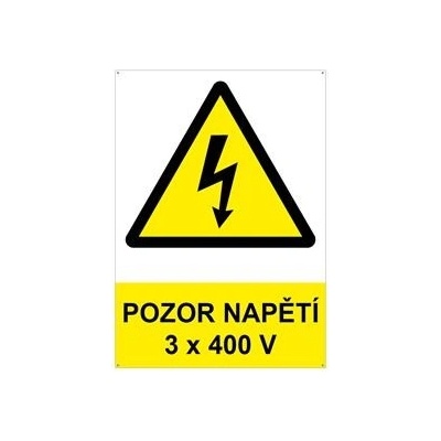 POZOR - napětí 3 x 400 V ! - bezpečnostní tabulka s dírkami, plast 2 mm, A4