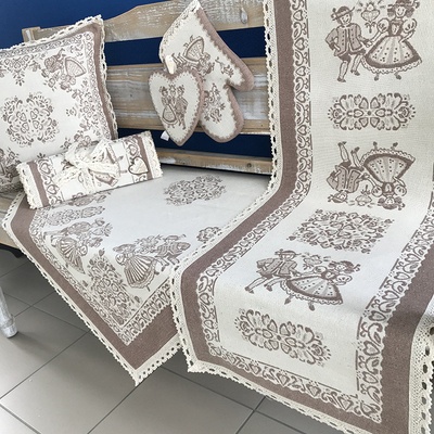 Tegatex Gobelínový ubrus s krajkou selský motiv světle hnědý 40x90 cm