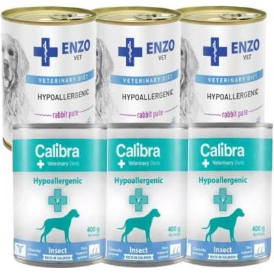 Calibra Veterinary Diets Dog Hypoallergenic Insect & Salmon 6 x 400 g a Enzo Vet Hypoalergenní dieta s králíkem 6 x 400 g