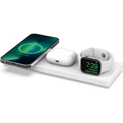 Belkin Boost Charge Pro 3-in-1 Wireless Charging Pad with MagSafe - тройна поставка (пад) за безжично зареждане за iPhone с Magsafe, Apple Watch и AirPods (бял)