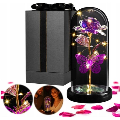 Stabilizovaná růže Murrano ve skle fialová s LED diodami 21 cm
