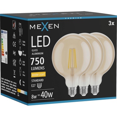 Mexen Vintis 3x LED филамент крушка E27, G125, 8W, Топла - 2700K, 750 lm, кехлибар (L158-E27-0827-50x03)