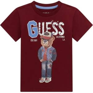 GUESS Тениска за мини момче с къс ръкав в цвят бордо с мече и надпис Guess