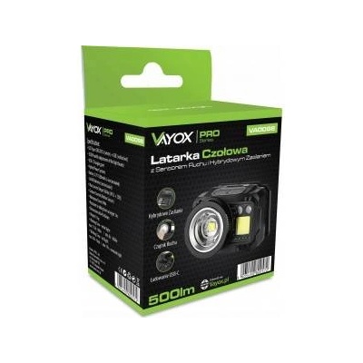 Vayox Челник Vayox VA0098 LED, XPG3 6W 500lm, един сензор за движение, USB-C, 6 режима на светене, водоустойчив IP44, батерия или батерии, Черен