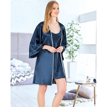 Сатенен комплект от нощница и халат в тъмносин цвят