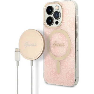 GUESS 4G Printed Stripe MagSafe Case With MagSafe Wireless Charger Set - комплект хибриден удароустойчив кейс с MagSafe и поставка (пад) за безжично зареждане за iPhone 14 Pro (розов)