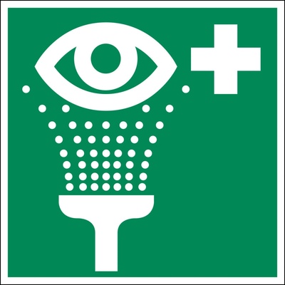 Značka Zariadenie na výplach očí, fotoluminiscenčná, ISO 7010, samolepka, 200 x 200 mm, BJ = 5 ks