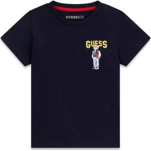 GUESS Тъмносиня тениска за мини момче с жълт надпис Guess и малко мече