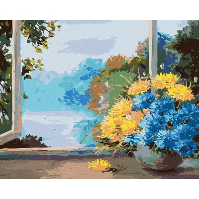 Zuty Malování Podle Čísel Kytice Jarních Květin U Okna 80 x 100 cm Plátno Rám