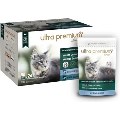 Ultra Premium Direct Tender chunks in gravy with salmon cod - Мокра храна за пораснали котки с риба и два вкуса - свинско, пиле със сьомга и свинско, пиле и риба треска, без зърно - 85 гр, Франция WET05