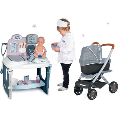 Smoby Set zdravotnický pult pro lékaře Baby Care Center s kočárkem trojkombinací hluboký a sportovní DeLuxe Maxi Cosi Grey