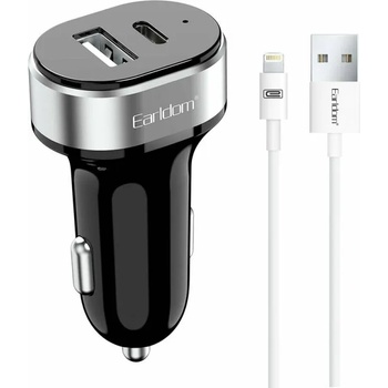 Earldom Зарядно устройство за кола Earldom ES-CC14, 1xUSB, 1xType-C, С Lightning кабел, Черен - 40242