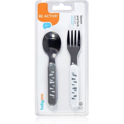 BabyOno Be Active Stainless Steel Spoon and Fork прибор Grey-White 12 m+ 2 бр