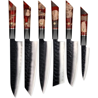 HARAHU Комплект дамаски кухненски ножове ar-37339 - Червен kp37339 (ar-37339)