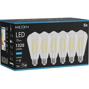 Mexen Vintis 6x LED филамент крушка E27, ST64, 10W, Студена - 6500K, 1320 lm, прозрачна - (L152-E27-1065-00x06)