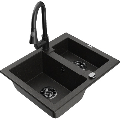 Mexen Carlos гранитна мивка 1, 5-камерна с кухненски смесител Elia, черен/златен металик - 6518-75-670101-70-B (6518-75-670101-70-B)