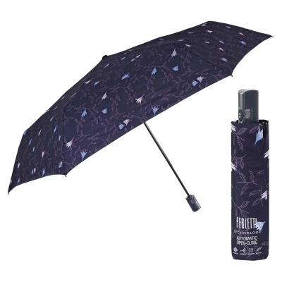 Дамски плосък автоматичен Open-Close чадър Perletti Technology 21783, Лилав с цветя