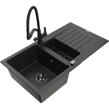 Mexen Matias мивка от гранит 1, 5-компетентна с отцедник и кухненски кран Duo, черен/златен металик - 6502-75-671701-70-B (6502-75-671701-70-B)