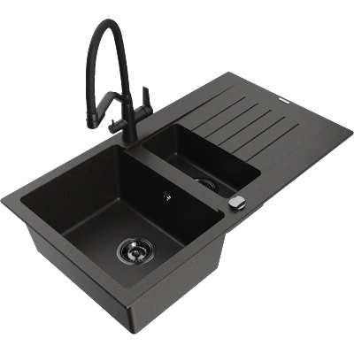 Mexen Matias мивка от гранит 1, 5-компетентна с отцедник и кухненски кран Duo, черен/златен металик - 6502-75-671701-70-B (6502-75-671701-70-B)