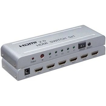PremiumCord 4Kx2K@60Hz HDMI switch 5:1 kovový s diaľkovým ovládačom a napájacím adaptérom, khswit51e