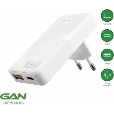 4smarts Захранване за ел. мрежа за мобилни устройства с USB-A и USB-C изходи и с технология за бързо зареждане - 4smarts GaN Wall Charger FlatPlug Duos 65W (бял) (541091)